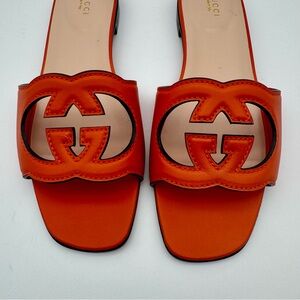 Gucci Orange Leather Interlocking GG Slide Sandals EUR 40.5 US 9.5